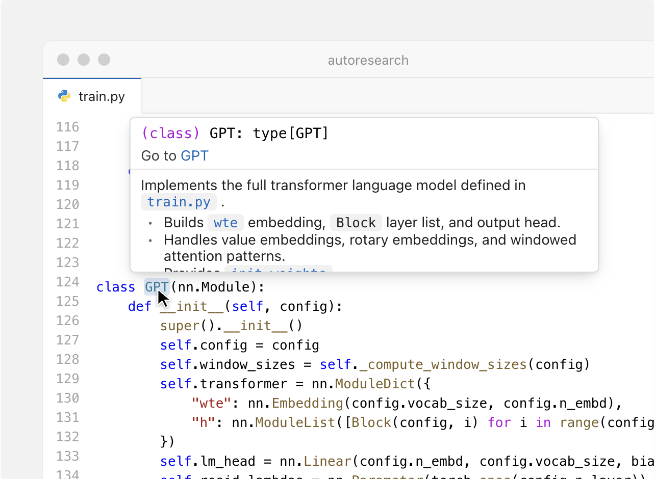 Devin Desktop's file editor showing a Python file with inline type information and a Go to Definition popover.